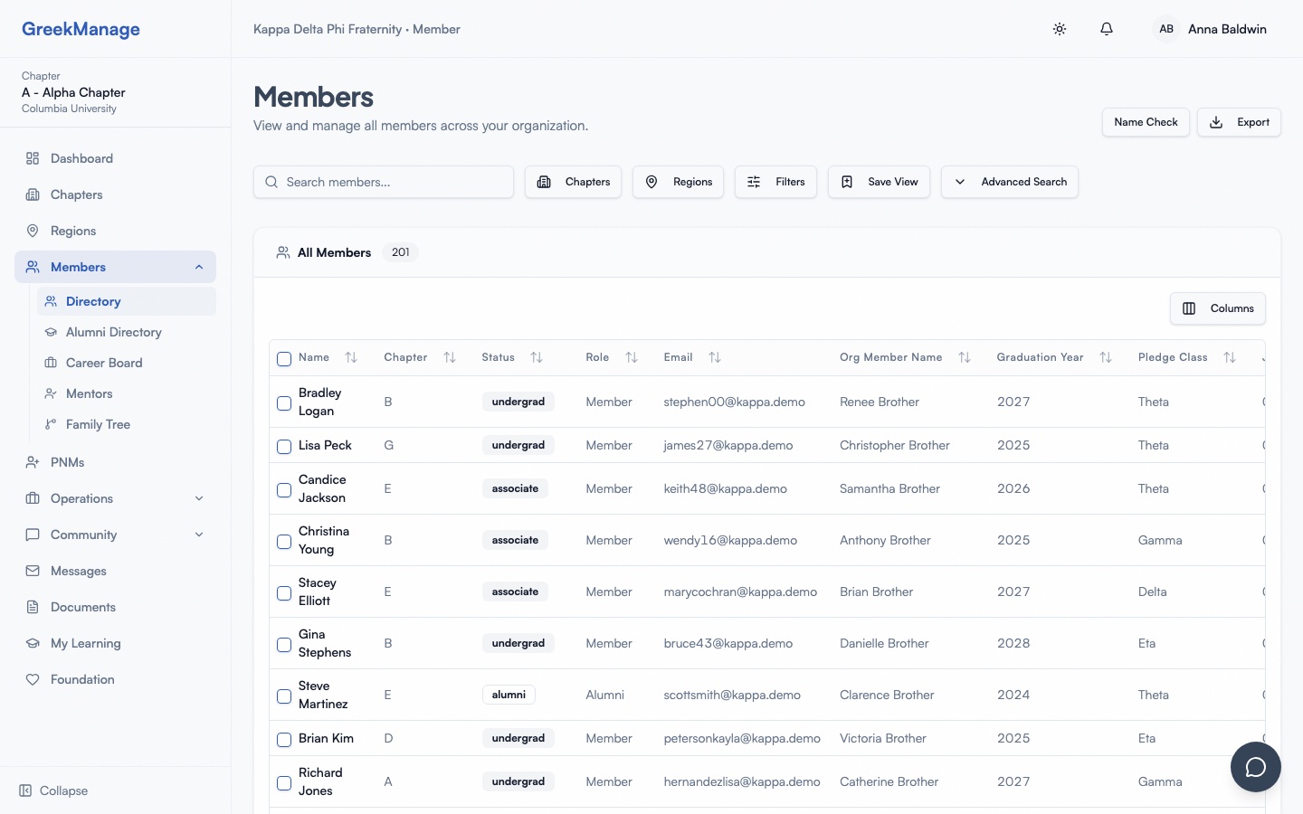 Chapter member directory